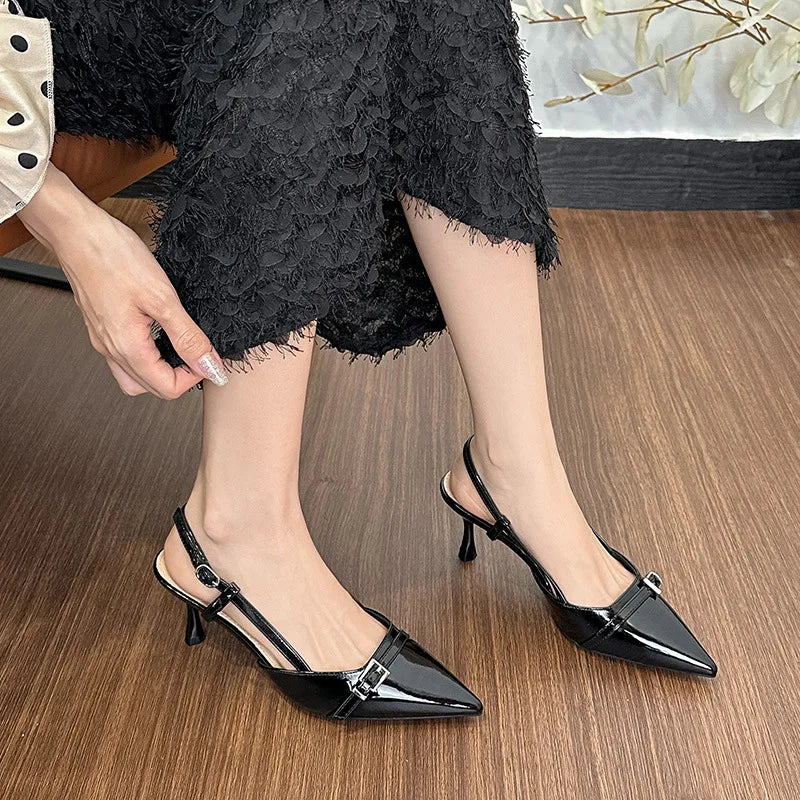 LIZAKOSHT  -  pointed toe japanned leather women sandals metal buckle slingback high heels summer shoes woman cutout sandalias de tacón