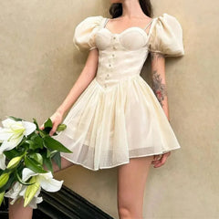 LIZAKOSHT  -  Women Puff Sleeve Slim Waist Ruffle Hem Cake Mini Party Robe Princess White Bright Rayon Bra Chest Corset Style Mini Dress