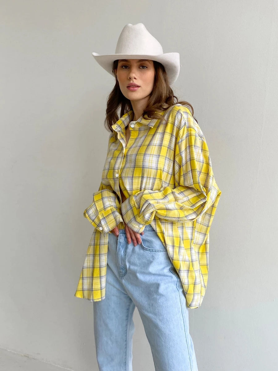 LIZAKOSHT  -  Bornladies 100% Cotton Women's Plaid Shirt Retro Fashion Long Sleeve Loose Top Summer Office Lady Casual Chic Cardigan Shirt