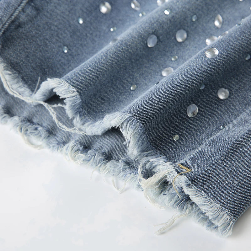 LIZAKOSHT  -  Rhinestone Detail Fashion Frayed Jeans Shorts Y2K Vintage Blue Summer Casual Stylish Women Denim Shorts Streetwear
