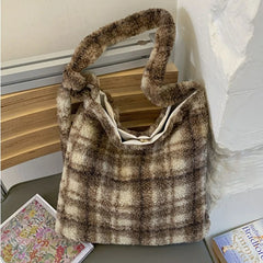 LIZAKOSHT  -  New Winter Autumn Plaid Furry Crossbody Bag Women Large Capacity Retro Shoulder Tote Bucket Bag Simple and Versatile Storage Bag