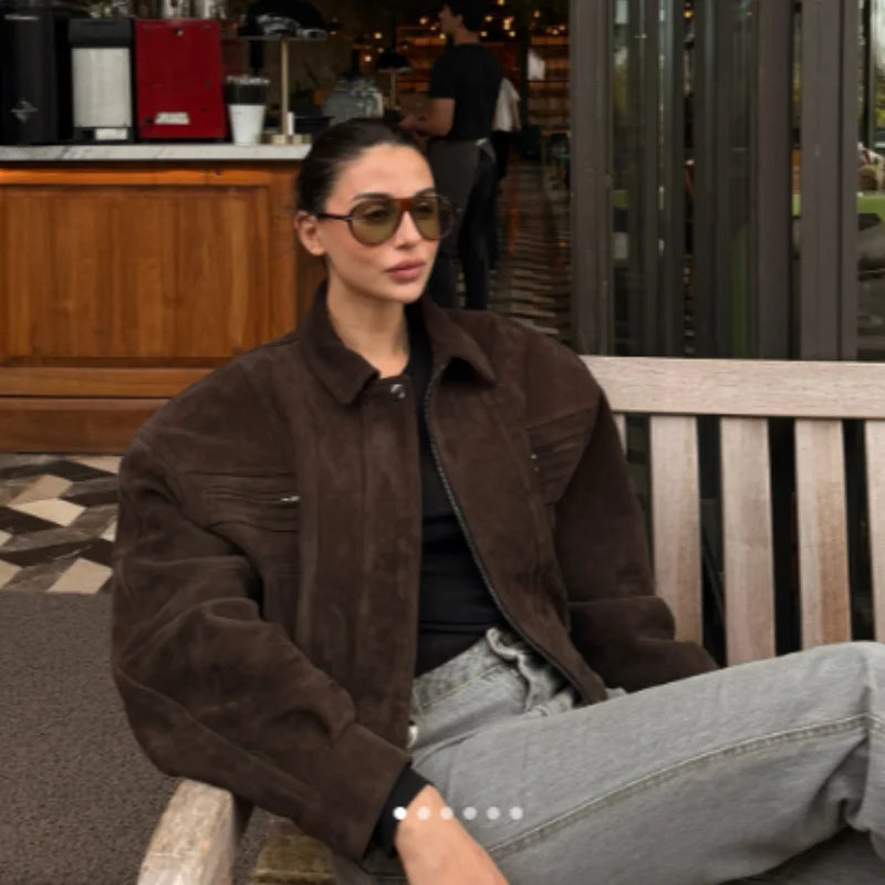 LIZAKOSHT  -  Elegant Camel Cropped Suede Jacket Women Lapel Full Sleeve Pocket Zipper Short Coat New Causal Autumn Lady Daily Streetwear 2025