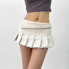 LIZAKOSHT  -  Y2K PU Leather Pleated Mini Skirt With Shorts Lining Women Sexy Zipper Summer Low Waist Short Coffee White Black
