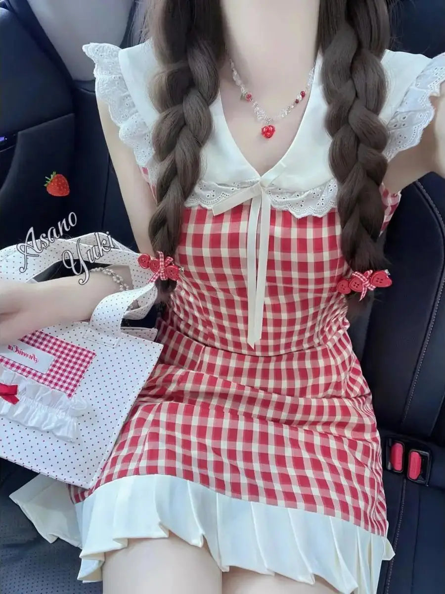 LIZAKOSHT  -  Japan Dress Sweet Small Flying Sleeves Plaid Blouses Top Half Skirts Set Summer Cute Age Reducing Women Outfits