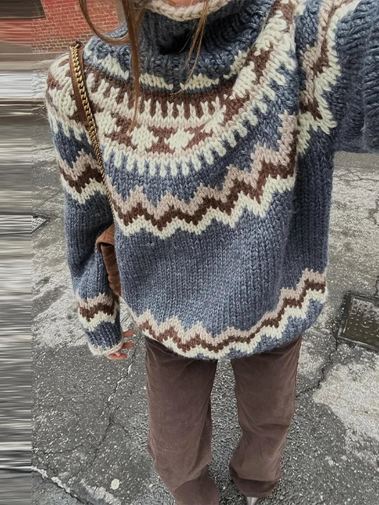 LIZAKOSHT  -  Printed Knitted Pullover Sweater Women Turtleneck Long Sleeves Loose Sweaters All-match Early Spring New Ladies Knitwear