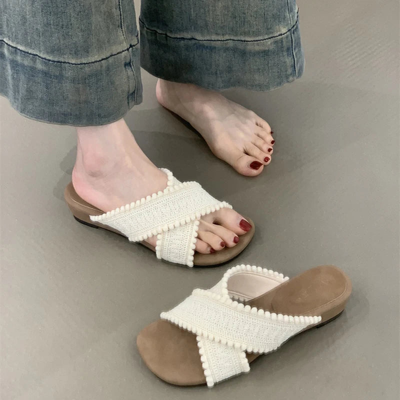 LIZAKOSHT  -  Summer Women Fashion Weave Cross Slippers Casual Comfort Wedges Heel Beach Vacation Slides Shoes