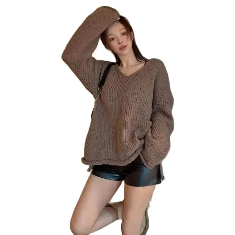 LIZAKOSHT  -  Sweaters Brown V-Neck Slit Autumn Retro Knitted Jumper Tops Y2K Harajuku Casual Women Basic Loose Pullover Korean Style