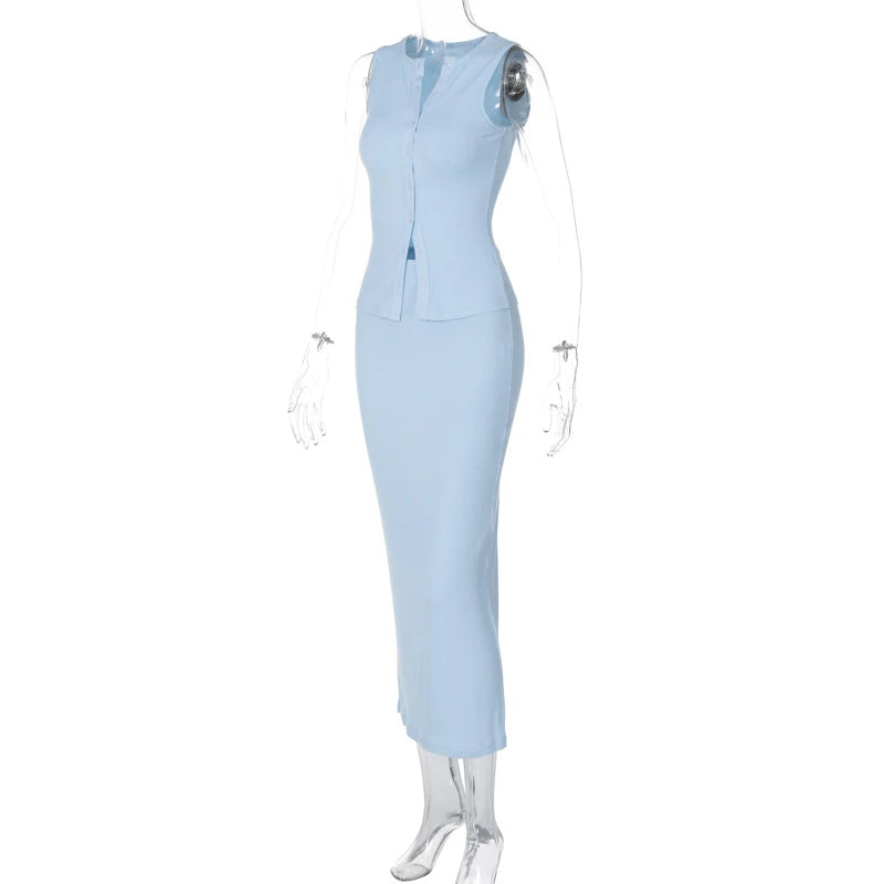 LIZAKOSHT  -  2 Piece Outfits Sexy Women Solid Color Ribbed Buttons Sleeveless Tank Top and Long Skirt Clothes Set 2000s Streetwear