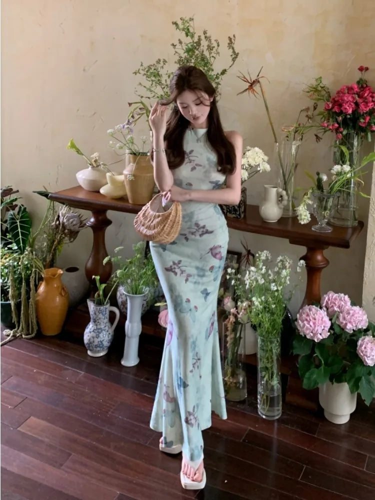 LIZAKOSHT  -  Butterfly print backless camisole dress for women's summer temperament buttocks wrapped long slim fit waist fishtail Dress