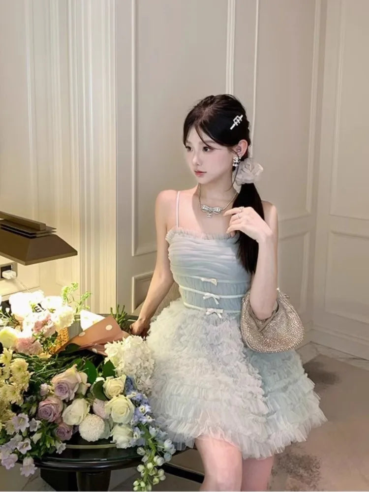 LIZAKOSHT  -  Korean Fashion Bow Tie Mini Birthday Dress Vintage Sweet Cute Princess Dress Women Short Ruffles Wedding Evening Party Vestidos