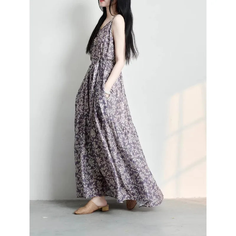 LIZAKOSHT  -  Elegant Summer Cotton Maxi Dress Women's Clothing Printed Artistic Holiday Style Off-Shoulder Gown Sweet A-Line Skirt