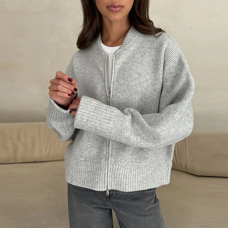 LIZAKOSHT  -  Double-Head Zipper Knitted Sweater Cardigan Solid Color Bomber Jacket Women's Commute Coat Top Minimalism Knitwear Overcoat