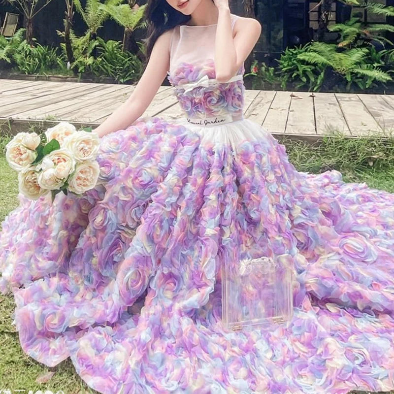 Lizakosht Purple Rose Flower Dress Women Summer Sleeveless Elegance Dresses Party Ladies Mesh Patchwork Vintage Clothing Female