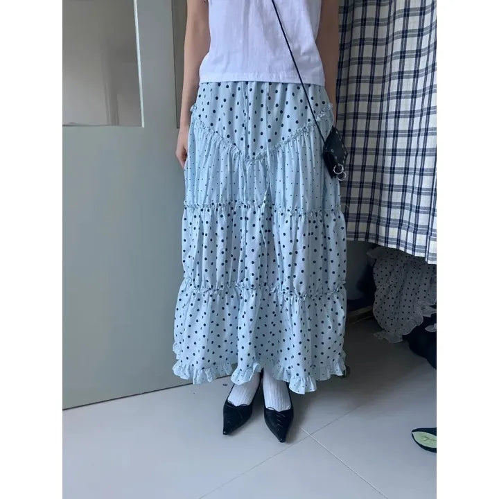 LIZAKOSHT  -  Mint Green Polka Dot Half Skirt with Lace Splicing Retro  Style Korean Waist Design Polyester Fabric H-Shape Long Skirt