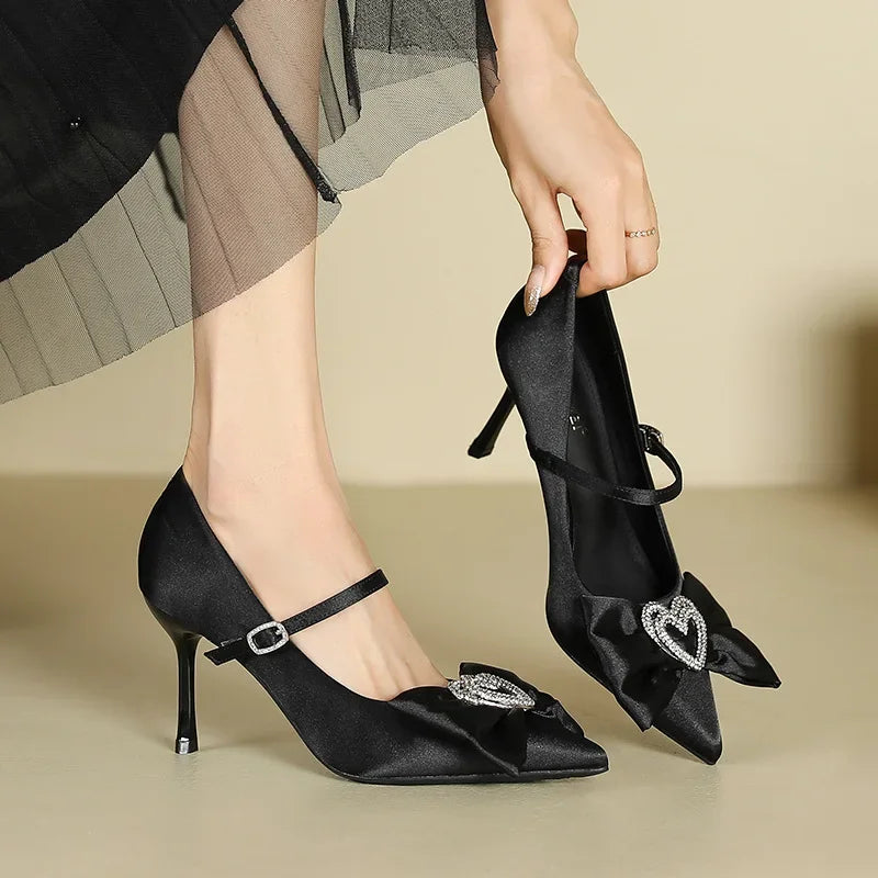 LIZAKOSHT  -  Fashion Bow Pointed Toe High Heels Women Rhinestone Buckle Luxury Thin Heels Wedding Female Pumps Elegant Sexy Party Dress Shoes