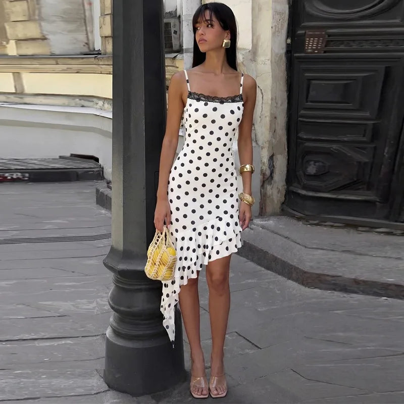 LIZAKOSHT  -  Summer Women Sexy Hem Fashion Dress Female Polka Dot Lace Patchwork Square Neck Slim Fit Party Holiday Casual Vestidos