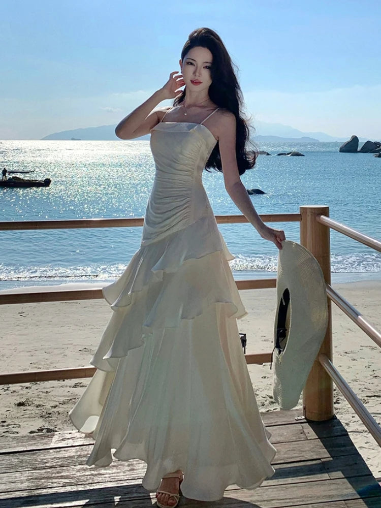 LIZAKOSHT  -  Women Spring Summer French Spaghetti Strap Long Dresses Elegant Female Slim Chic Party  Prom Robe  Fashion One Piece Clothing