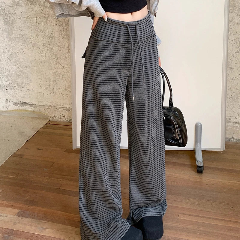 LIZAKOSHT  -  Harajuku Striped Women Pants Fall Winter Loose Casual Streetwear Wide Leg Trouser Female Retro Lace Up Straight High Waist Pants
