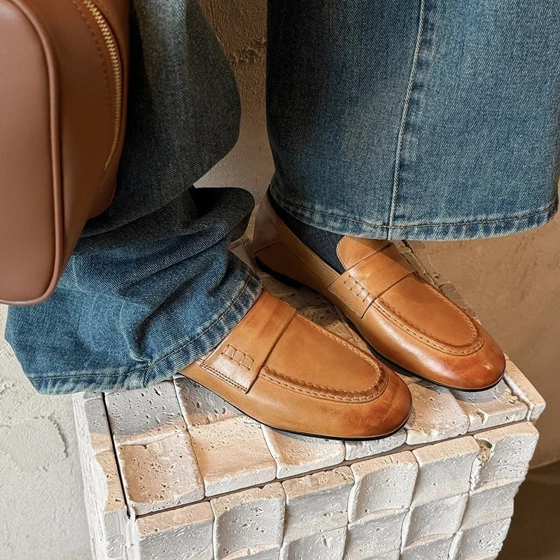 LIZAKOSHT  -  Women's round Toe Flat Loafers Casual Shoes High Quality Genuine Leather Fashion Footwear for Ladies