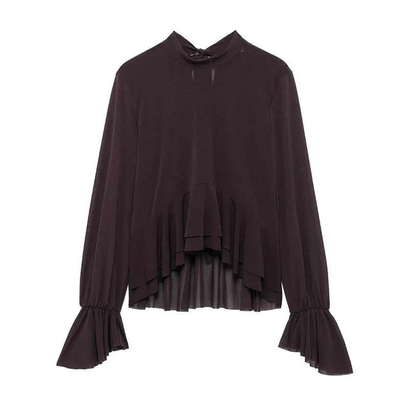 LIZAKOSHT  -  Elegant Shirts Women Loose Ruffles O Neck Long Sleeves Shirt Female 2025 Spring Summer Fashion Solid Soft Lace Up Chiffon Tops