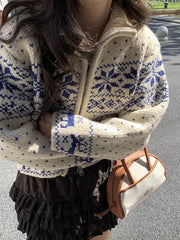 LIZAKOSHT  -  Snowflake Knitted Sweater Women Japanese Vintage Harajuku Short Cardigan Female Autumn Winter Casual Long Sleeve Zipper Knitwear