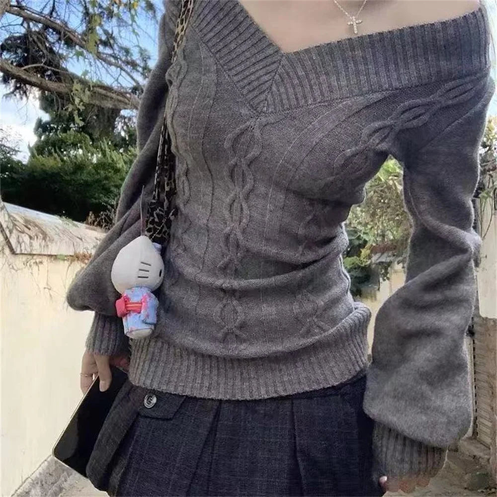 LIZAKOSHT  -   Ladies V-Neck Knitted Sweater Sweet Off Shoulder Loose Autumn Winter Outerwear Comfortable Long Sleeve Tops Grey Pullovers Tops