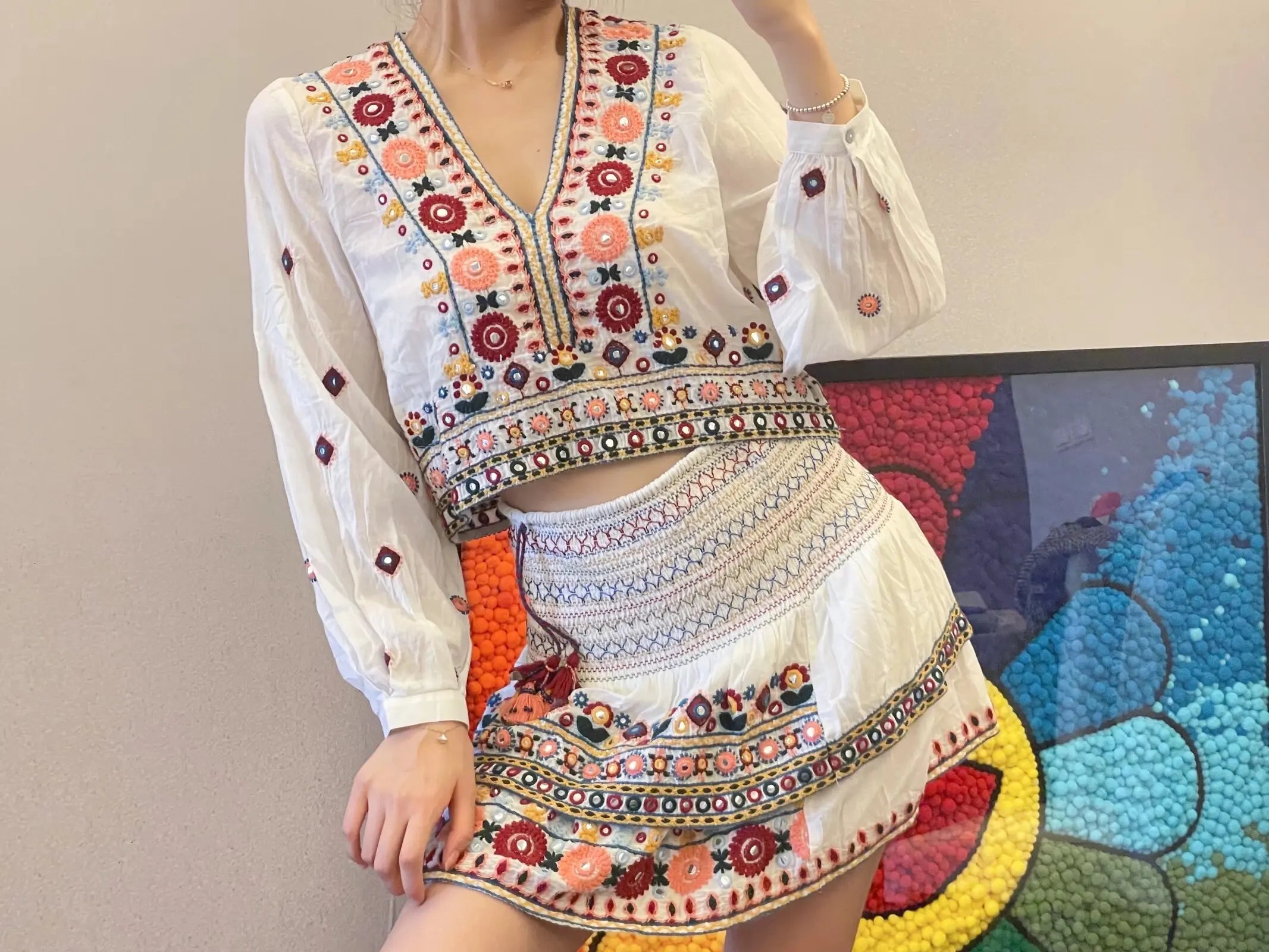 LIZAKOSHT  -  European and American Style Summer New Ethnic Style Contrasting Embroidered Top Shirt Contrasting Embroidered Half Skirt Set