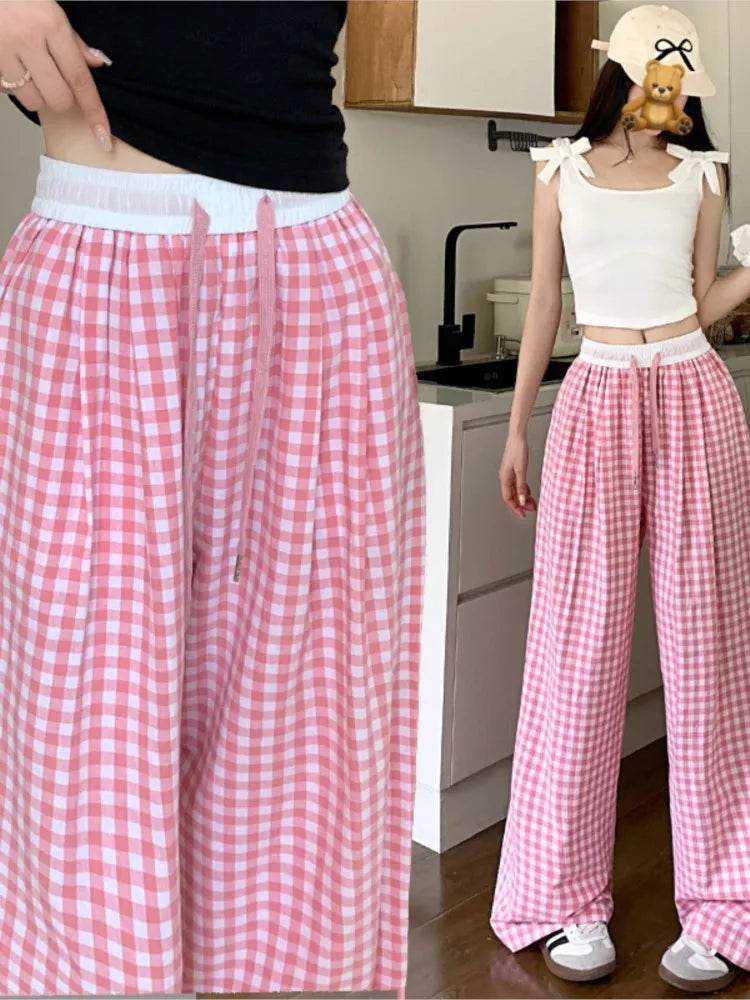LIZAKOSHT  -  Spring Summer Thin High Waist Women's Plaid Wide Leg Pants Casual Elasticded Trousers Vintage Loose All-match Pants