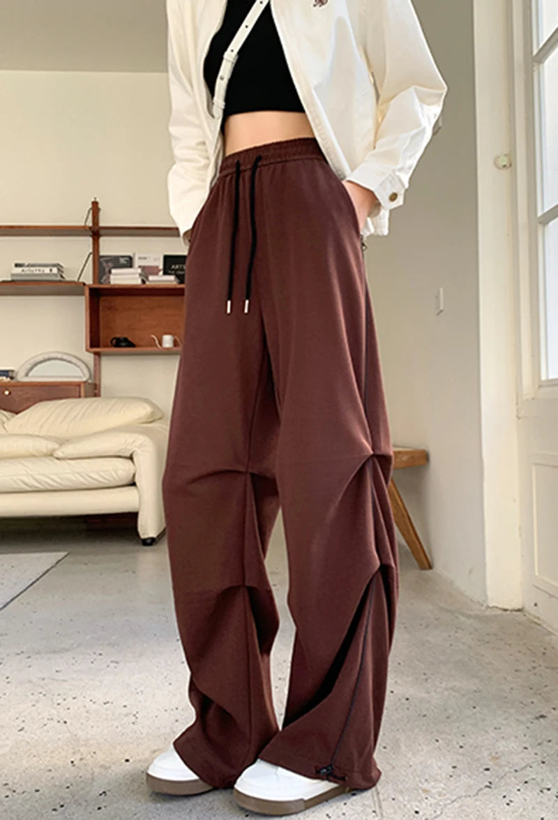 LIZAKOSHT  -  American Sweatpants Women  Fall Chic Fashion Casual Wide-Leg Pants Straight Parachute Loose Side Striped Soild Cargo Trousers