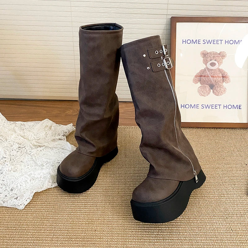 LIZAKOSHT  -  Chunky Style Women Knight High Boots Designer Belt Buckle Platform Heel Shoes Autumn Winter Thick Sole Ladies Long Booties