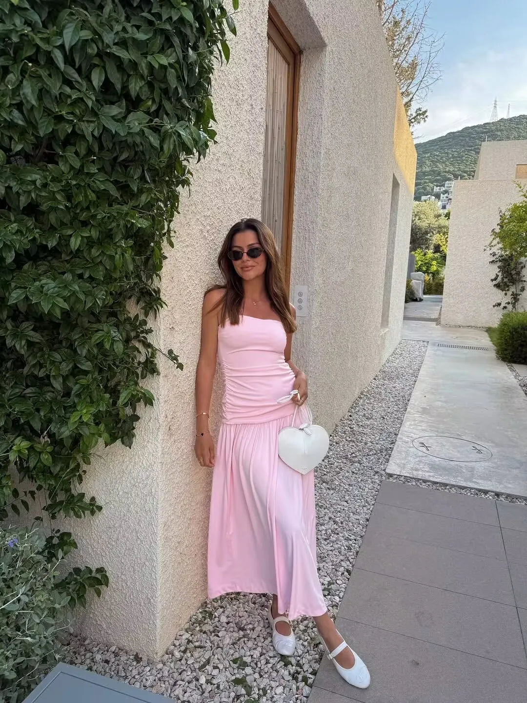 LIZAKOSHT  -  Elegant Ruched Strapless Dress Women Sexy Pastel Pink Off Shoulder Side Zipper Midi Dress 2025 New Summer Party Evening Dresses