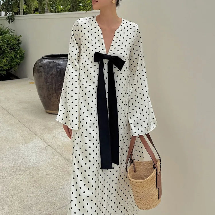 LIZAKOSHT  -  Elegant Bow V-Neck Floral Polka Dot Maxi Dress For Women Long Sleeves Loose Contrast Party Dress Evening Women Maxi Dress