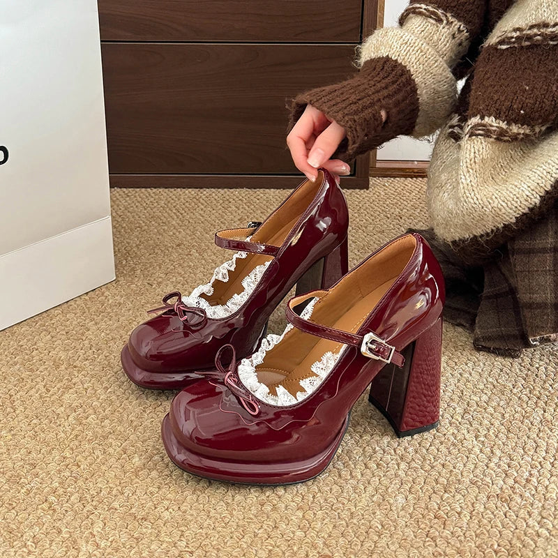 LIZAKOSHT  -  Street Style Thick Heel Women Mary Jane Shoes Concise Butterfly-knot Single Shoes Ladies Elegant Wedding Party Leather Pumps