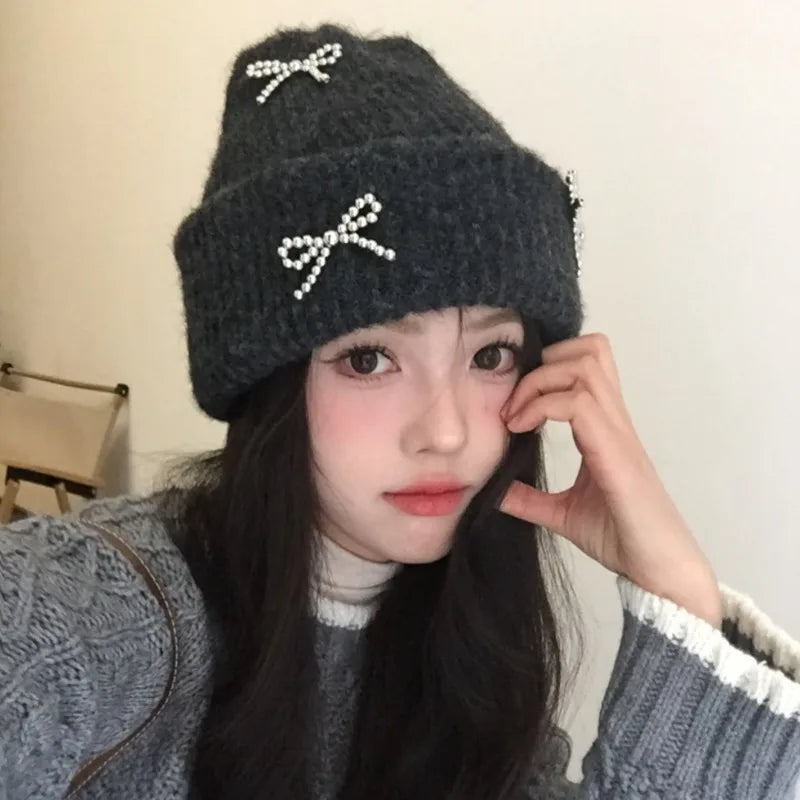 Lizakosht New Angora Rabbit Fur Bow Winter Hat for Women Knitted Fluffy Beanie Ladies Fashion Warm Plush Skull Womens Thick Fleece Hat y2k