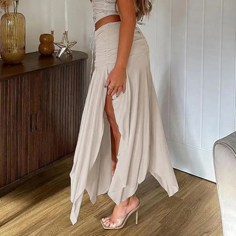 LIZAKOSHT  -  Folds Skirts Split Asymmetrical Long Skirts Women Y2K Holiday Beach Streetwear Skirts Summer Elegant Chic Harajuku Skirt