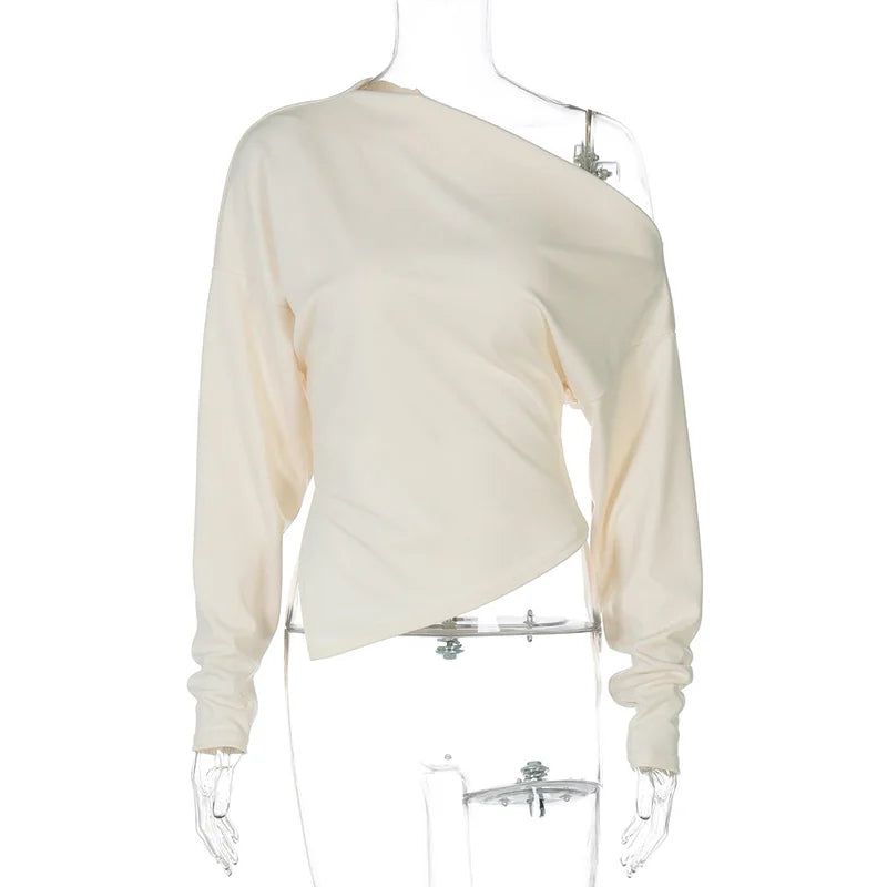 LIZAKOSHT  -  Autumn Irregular Long-sleeved Simple Diagonal Shoulder Elastic Slim Fit Split T-shirt Top Ruched Streetwear Party Clothing