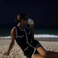 LIZAKOSHT  -  Luxury Design Button Black Mini Dress Women Summer Dresses O-neck Sleeveless Sexy Slim Evening Party Gowns Office Lady Dresses