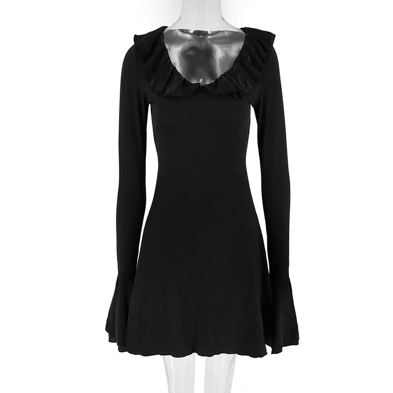 LIZAKOSHT  -  Spring Autumn Deep V Neck Flare Sleeve A-line Mini Dress New Fashion Slimming Chic Birthday Party Lady Night Out Vestidos