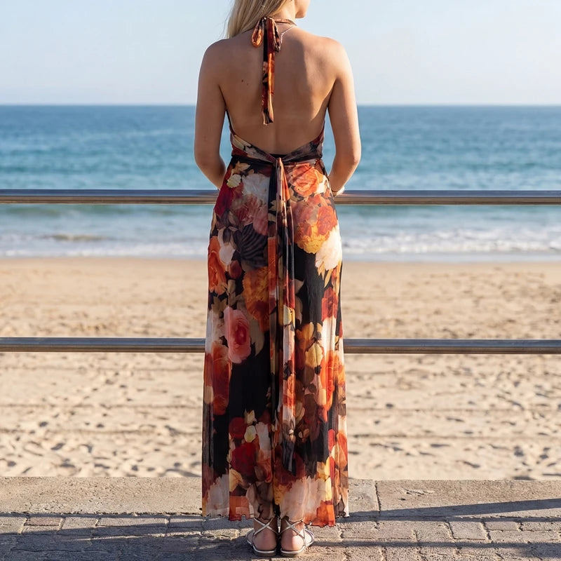 LIZAKOSHT  -  Halter Maxi Dresses Women Floral Backless Beach Vacation Long Dresses Bodycon Y2k Summer Boho Sexy Sundresses