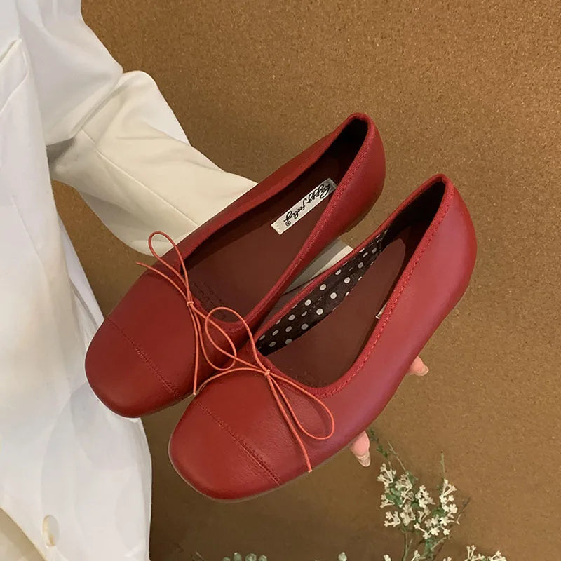 LIZAKOSHT  -  Classic Bow Flats Ballet Knot Slip On Casual Shoes Women Square Toe Shallow Ballet Flat Moccasin Ballerina Soft Brand Mary Janes