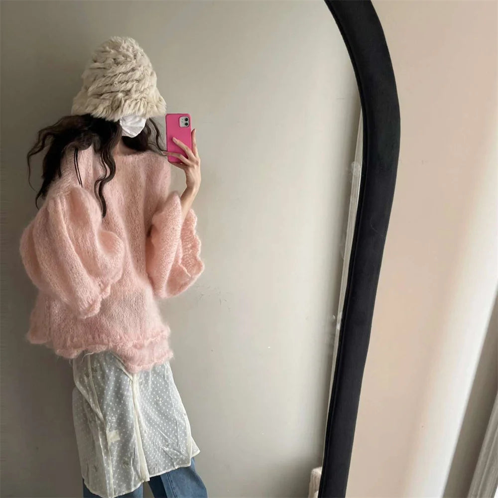  LIZAKOSHT  -  Elegant French Style Pullover Sweaters Women Pink Vintage Knitted Pullover Female Autumn Winter Casual Sweet Sweater Tops