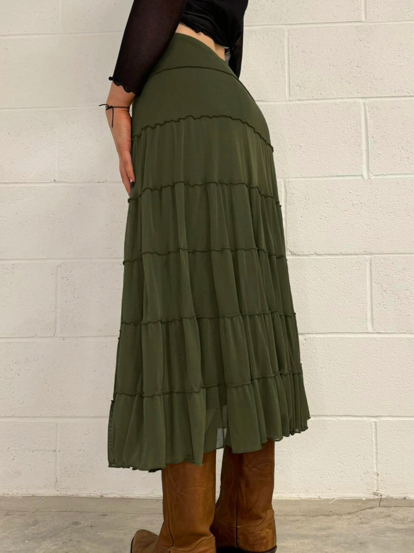 LIZAKOSHT  -  Vintage Patchwork Mesh A-Line Skirt Casual Solid Low-Waisted Maxi Skirts Women Autumn Spring Fashion Streetwear
