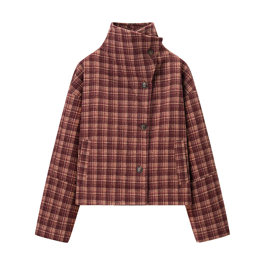 LIZAKOSHT  -  Autumn And Winter Retro Stand Collar Single-Breasted Plaid Jacket Women Outerwear