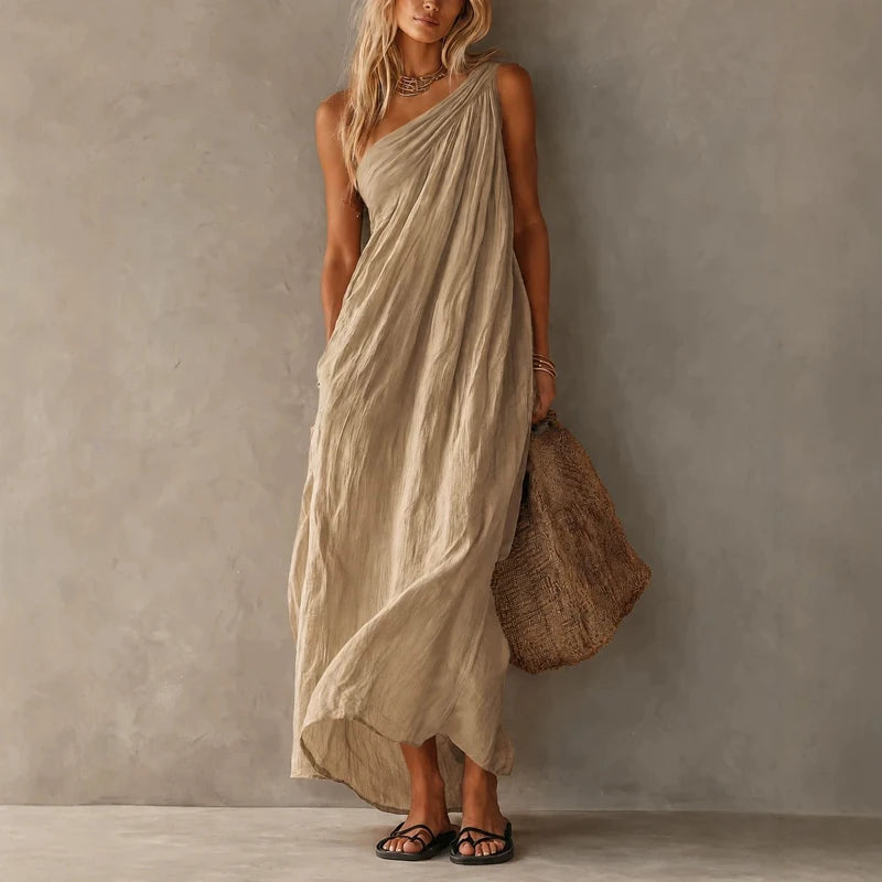 LIZAKOSHT  -  Cotton Linen Casual Pocket Solid Long Dress Elegant Draped Hight Waist Women Dress Sleeveless Slanted Shoulder Loose Party Dress