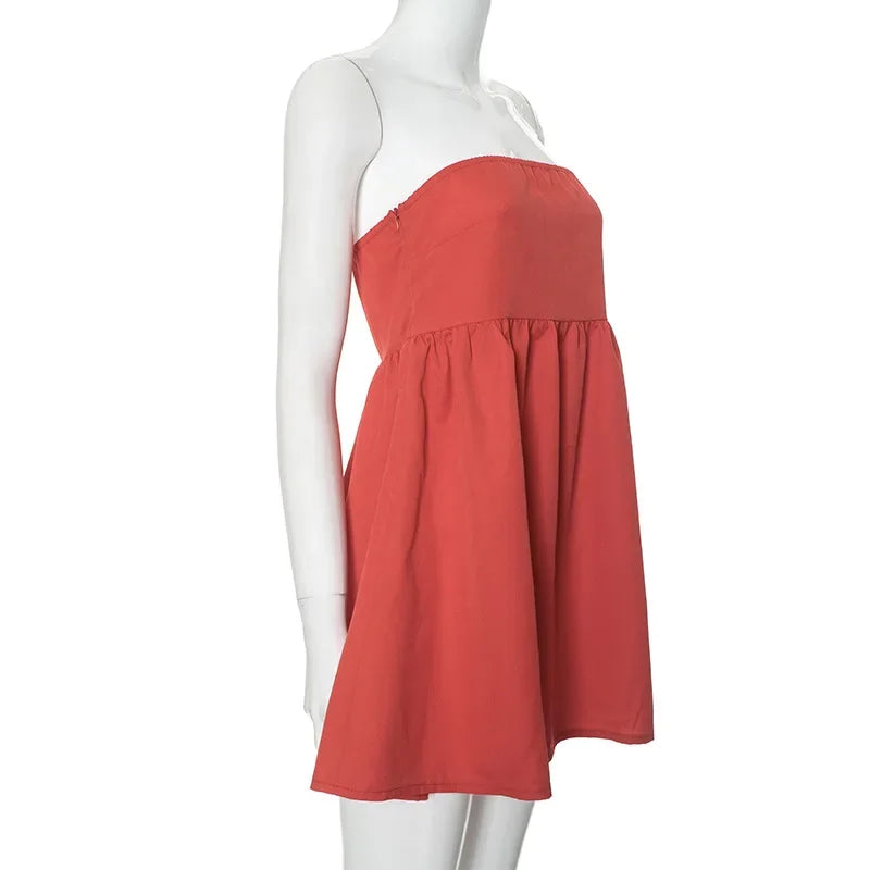 LIZAKOSHT  -  Elegant Solid Strapless Dress Women's Sleeveless Beach Vacation Short Dress Splice Off Shoulder Loose High Waist Clothing