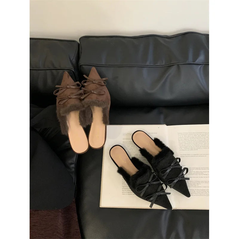 LIZAKOSHT  -  Flock Fur Shoes Low Slippers Flat Slides Pointed Toe Plush Rome Fabric PU Rubber Hoof Heels Shoes Woman Slippers Flat Low F
