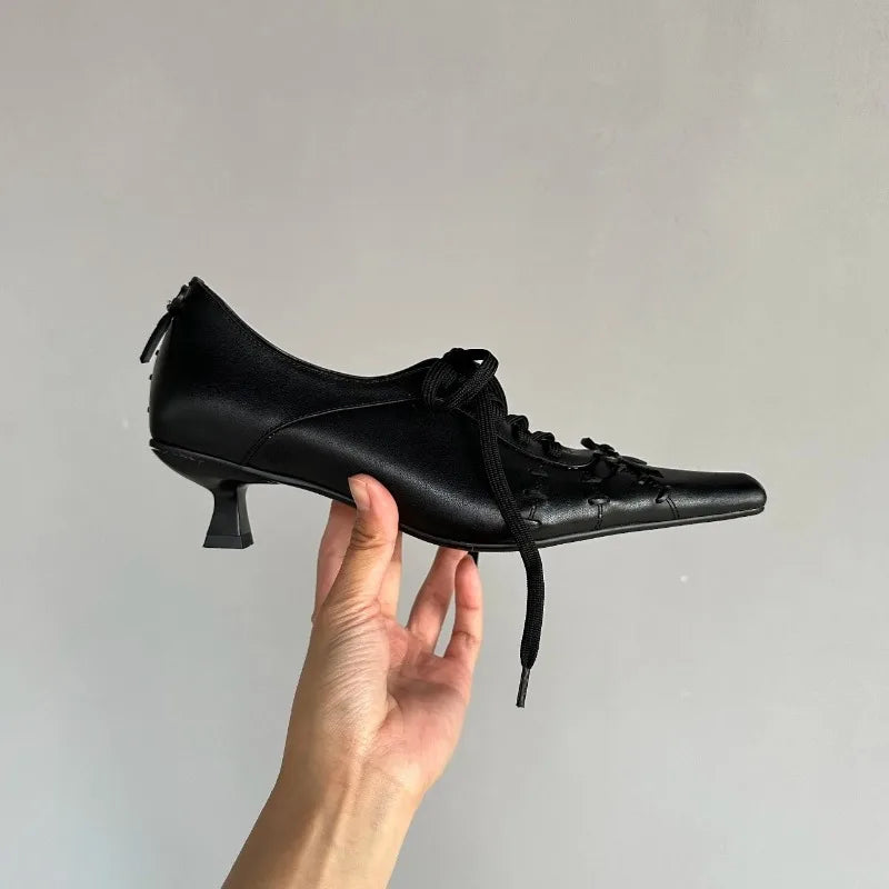 LIZAKOSHT  -  Gothic Sle Pointed Toe Witch Shoes Women's Retro Square Head Thin Heel Faionable Leather Shoes Ele Design Low Heel