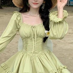 LIZAKOSHT  -  Green Women Dresses Square Neck Ruffles Bows Vintage Vestidos Mujer Spring Autumn Korean Fashion Sweet Mini Dress
