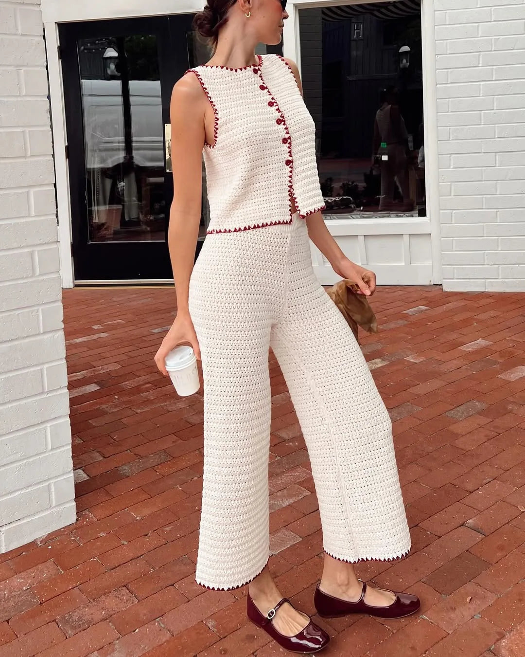 LIZAKOSHT  -  New Casual Round Neck Knitted Sleeveless Vest High Waisted Pants Casual Suit Cute Knitted Cardigan Tops Elastic Pants