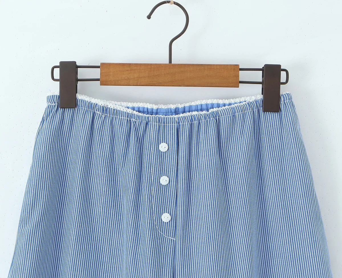 LIZAKOSHT  -  CHIC Blue White Stripes Cotton Wide leg Pants Women Elastic Waist Loose Casual Floor Length Trousers Pants Pink